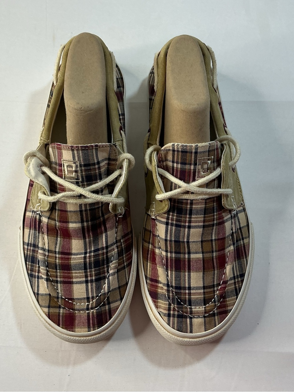 Chaps Plaid Canvas Boat Shoes in Red, Navy, Tan